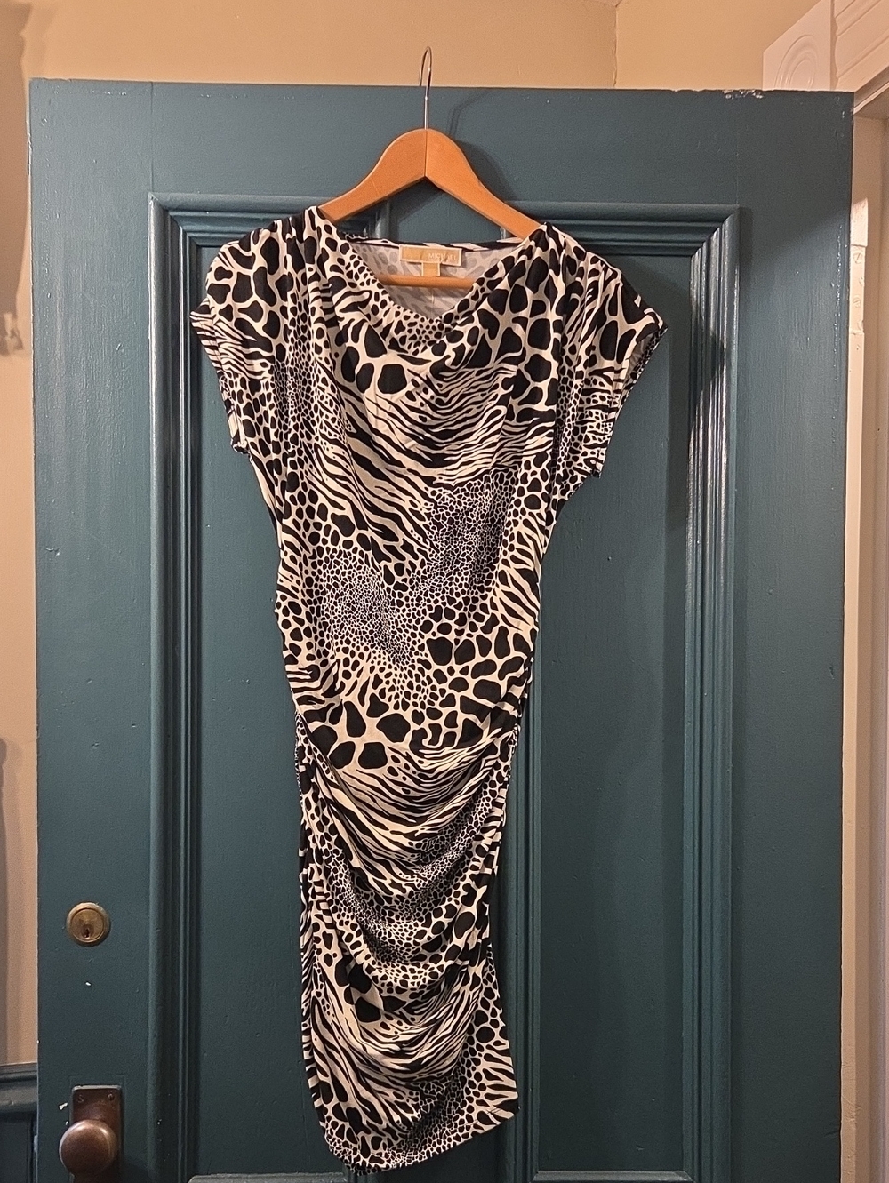 NWT Michael Kors Black & White Animal Print Draped Women's Dress